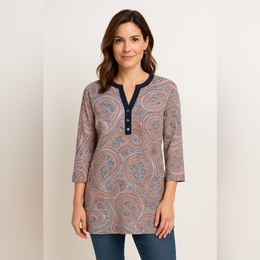 J McLaughlin Biscayne Catalina Cloth Tunic Top Womens Paisley Bohemian XL button